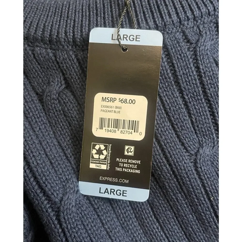 Express Men's Braided Cable Knit Sweater Long Sleeves‎ Crew Neck Pageant Blue, L